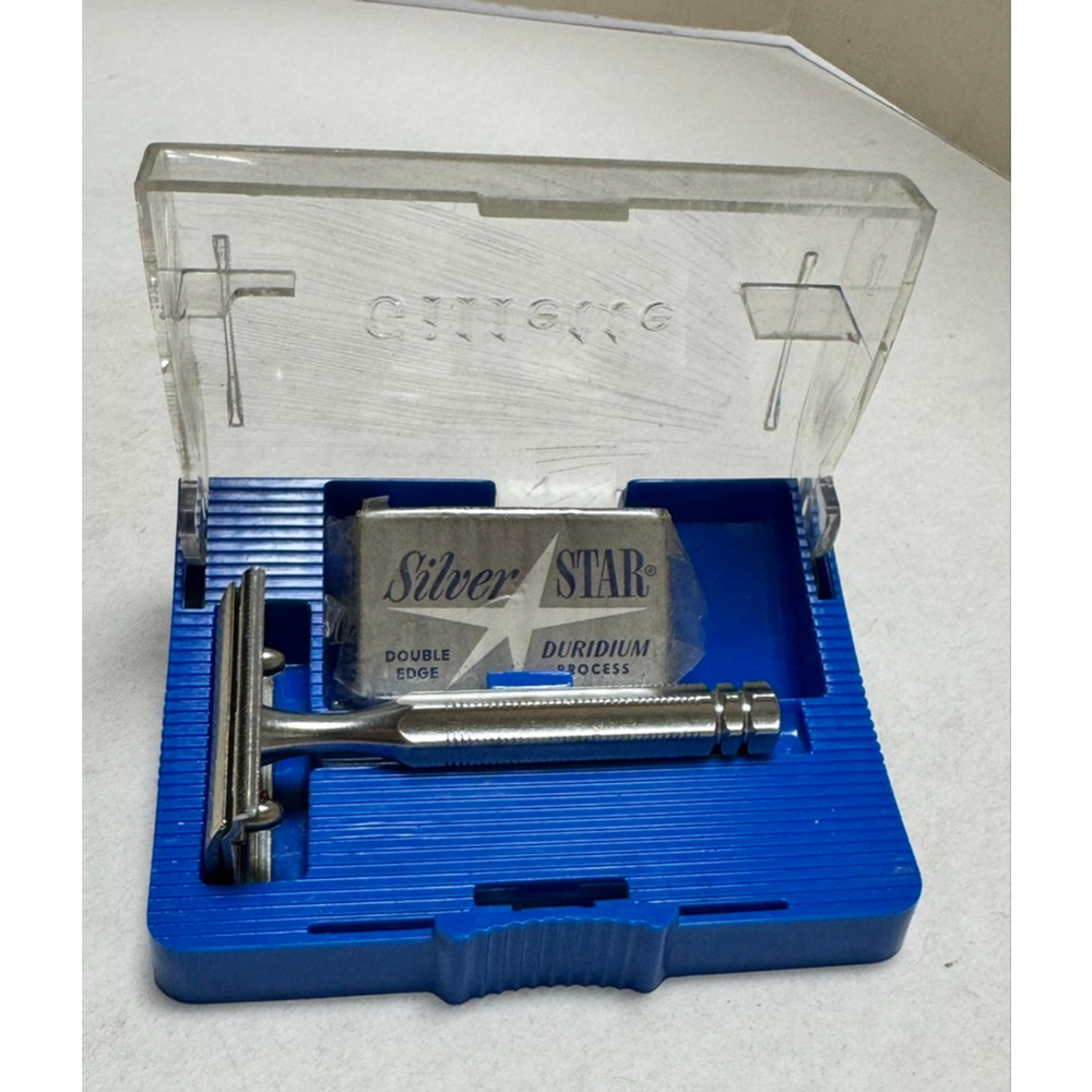 Vintage Silver Star 3 Piece Safety Razor + Blades & Gillette plastic Case 1950s